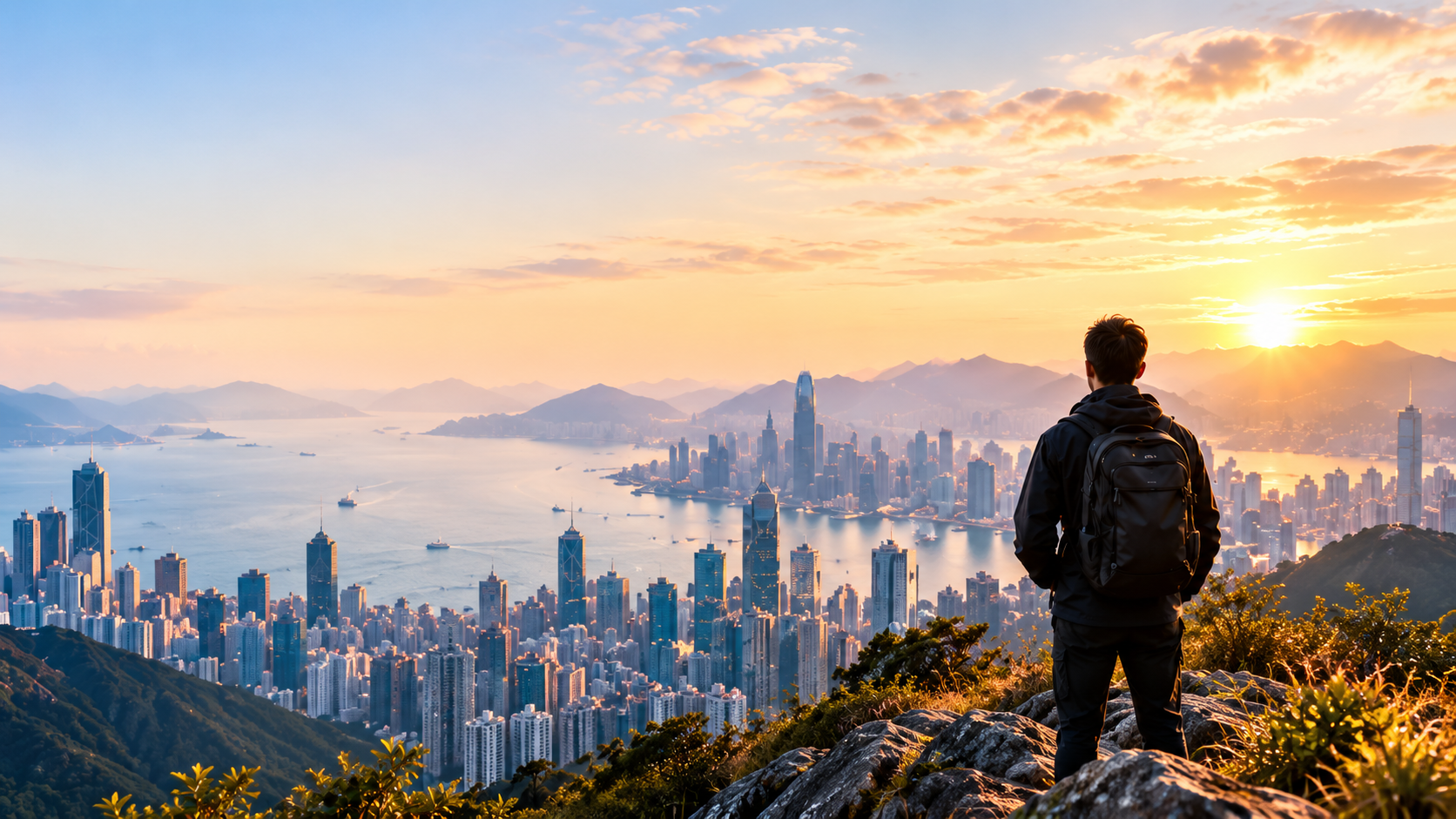 A person looking out over Hong Kong at sunrise